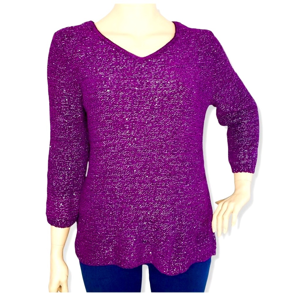 🌺 Chicos Knit Sweater Womens XL Purple Metallic Sequin V Neck Pullover